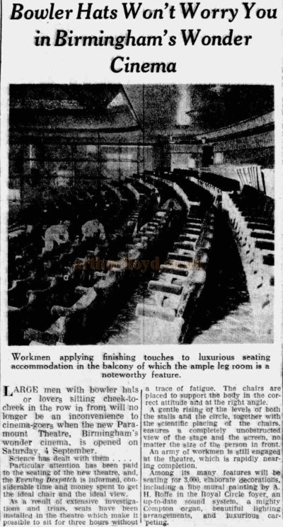 The Auditorium of the Birmingham Paramount Theatre during Construction in 1937 and a cheeky little article on the seating arrangements in the Theatre - From the Evening Dispatch, 26th of August 1937.