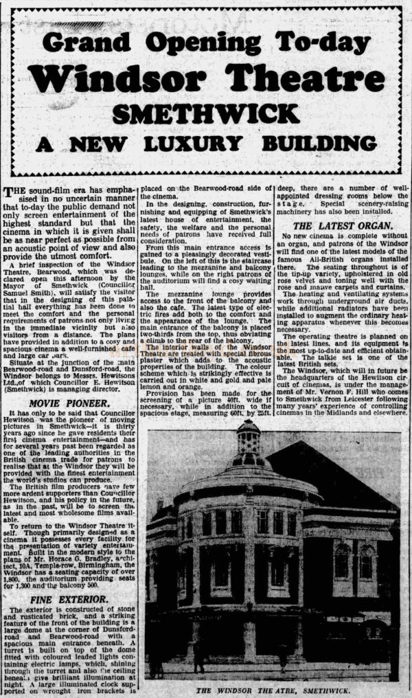 An Illustrated Article on the Grand Opening of the Windsor Theatre Smethwick - From the Evening Despatch, 29th of September 1930.