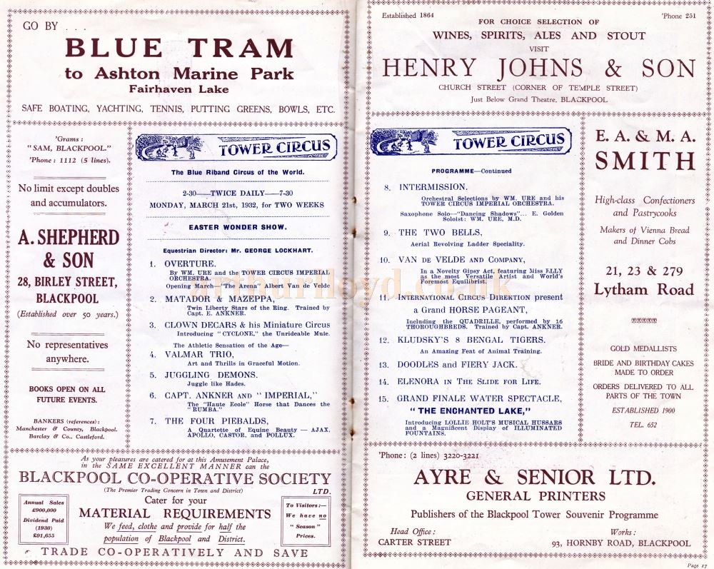 Programme Details for the Blackpool Tower Circus in 1932 - From a Souvenir Brochure - Courtesy Colin Davies.