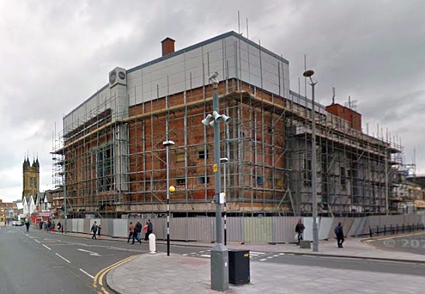 A Google StreetView Image showing the former ABC Theatre, Blackpool during preparations for its demolition in October 2014 and revealing the original exterior of the Theatre from 1963 - Click to Interact.