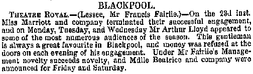 Arthur Lloyd at the Theatre Royal, Blackpool in August 1873 