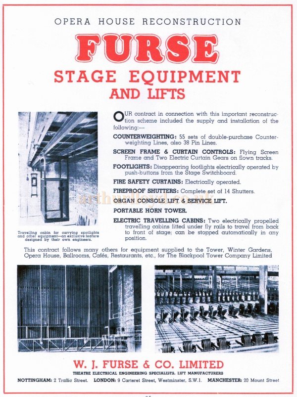 An Advertisement for Furse Stage Equipment and Lifts detailing the equipment they installed at the new Blackpool Opera House in 1938/9 - Courtesy Roger Fox.
