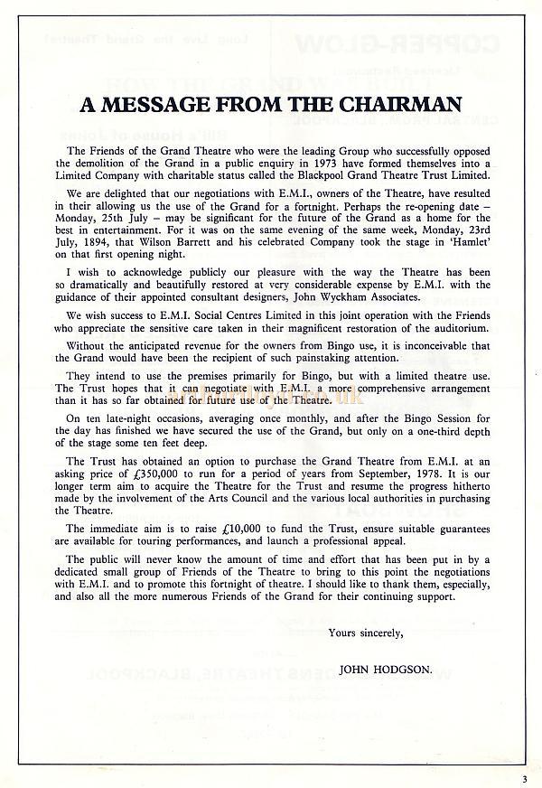 A Programme for the reopening of the Blackpool Grand Theatre on the 25th July 1977 
