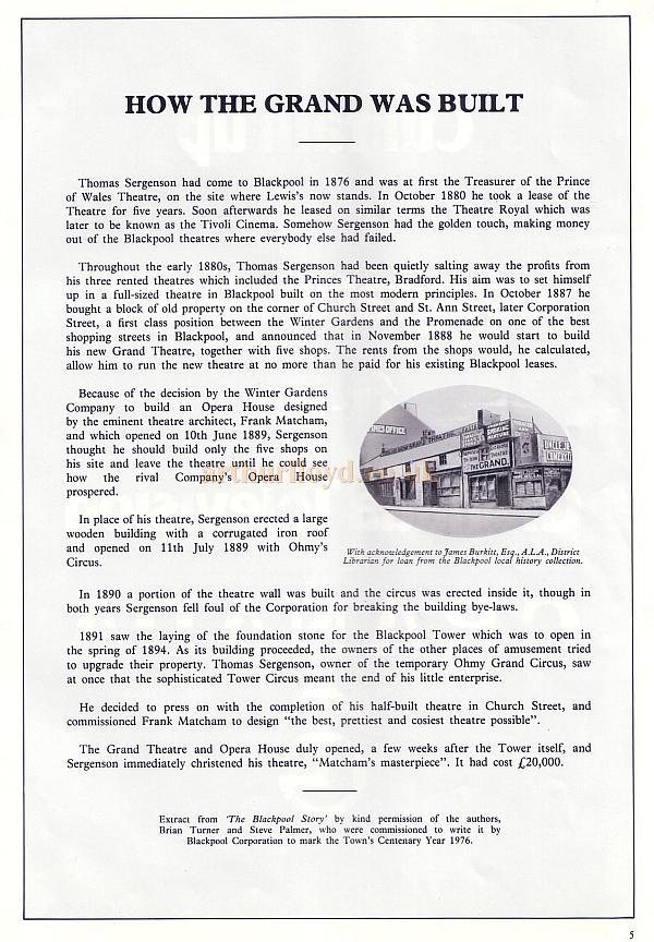 A Programme for the reopening of the Blackpool Grand Theatre on the 25th July 1977 