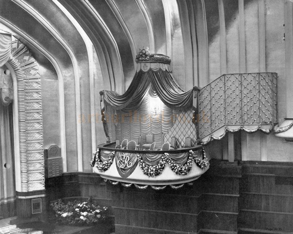 A Photograph showing the temporarily constructed Royal Box at the Blackpool Opera House for the Royal Variety Performance on the 13th of April 1955. The Box was constructed by Hall Stage Equipment Ltd., and then removed afterwards. This was the first time the Royal Variety Performance had been performed in the North of England - Photo Courtesy Roger Fox.