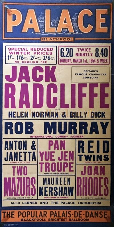 A Twice Nightly Variety show Poster for the Blackpool Palace Theatre for March 1954 - Courtesy Chris Woodward.