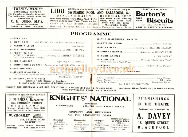 A Programme for Feldman's Theatre, Blackpool in the 1950s