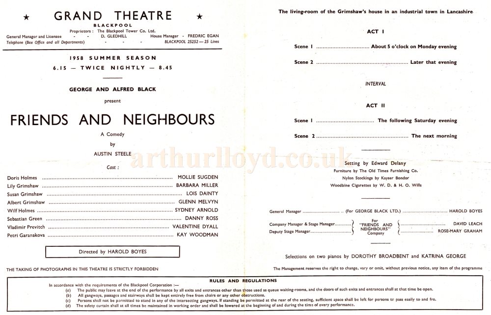 A Programme for 'Friends and Neighbours' at the Grand Theatre, Blackpool starring Mollie Sugden in 1958 - Kindly Donated by Chantelle Seaborn whose parents, Norma and Tom Clarkson, visited the Theatre regularly during the 1950s/60s.