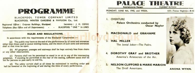 A programme produced for the Palace Theatre, Blackpool, for the month after the end of the Second World War in June, 1945 - Kindly sent in by Pam Prior