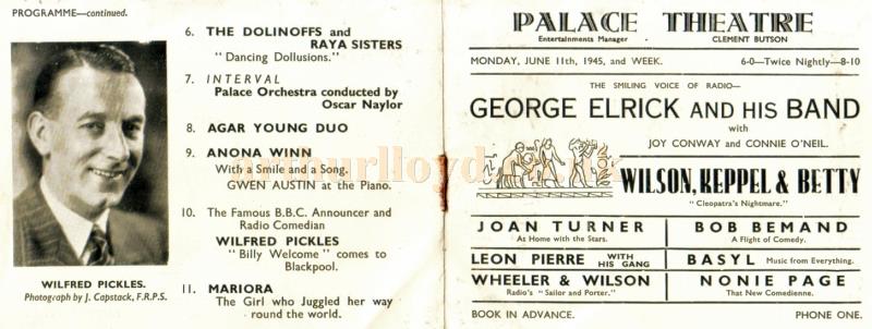 A programme produced for the Palace Theatre, Blackpool, for the month after the end of the Second World War in June, 1945 - Kindly sent in by Pam Prior