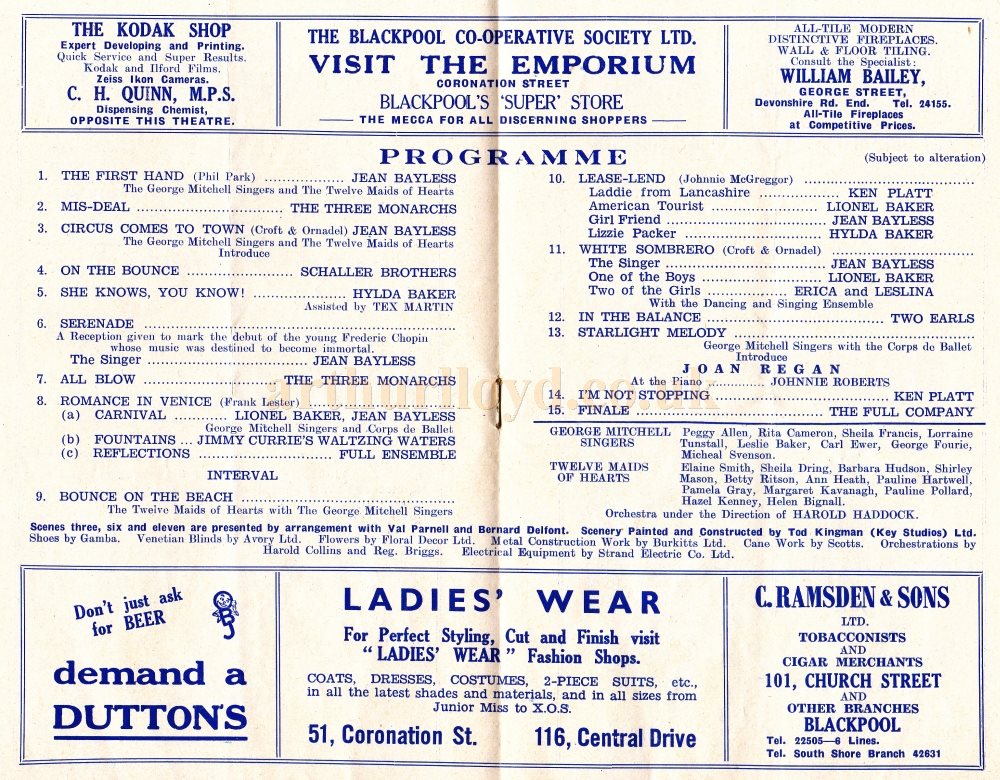 A Programme for a Twice Nightly Variety Show called 'Pick of the Pack' at the Queen's Theatre, Blackpool whilst under the management of Jimmy Brennan, with Jean Bayless and Hylda Baker on the Bill amongst others, - Kindly Donated by Chantelle Seaborn whose parents, Norma and Tom Clarkson, visited the Theatre during the 1950s/60s.