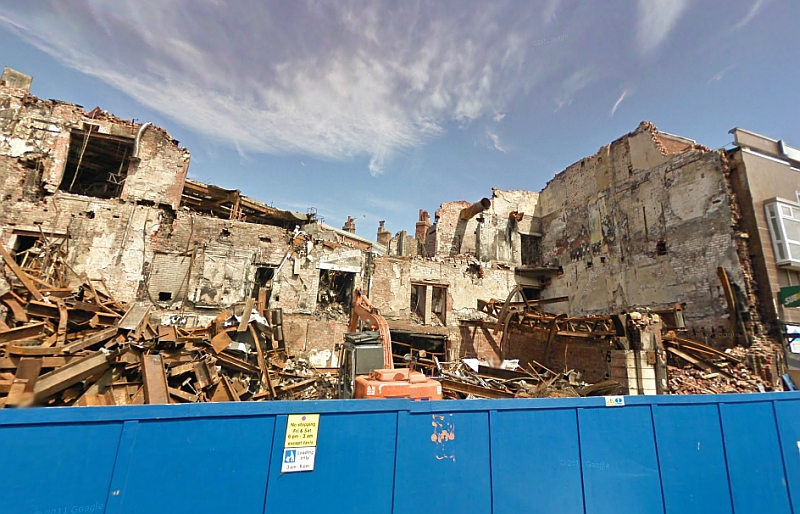 A Google StreetView image of the former Theatre Royal, Yate’s Wine Lodge, Blackpool being demolished after fire destroyed the building in 2009 - Click to Interact