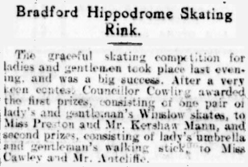A Notice about the Bradford Hippodrome Skating Rink - From the Bradford Daily Argus, 18th of December 1909.