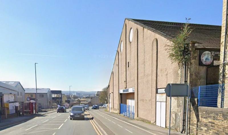A Google StreetView Image showing Barkerend Road and the former Bradford Hippodrome in April 2025 - Click to Interact.
