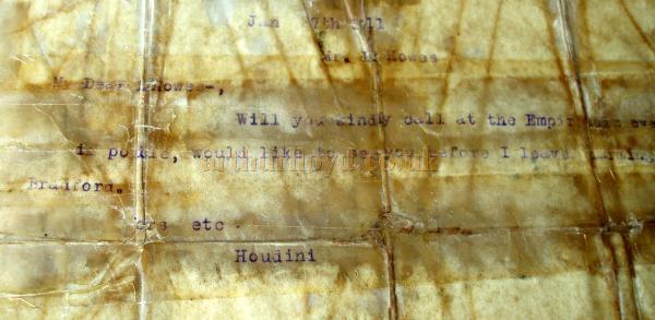 A Telegram sent by the famous escapologist Houdini on the 27th of January 1911 reads: My dear H Howes, will you kindly call at the Empire this evening if possible, would like to see you before I leave charming Bradford. Yours etc. Houdini. - Courtesy Harvey Howes.
