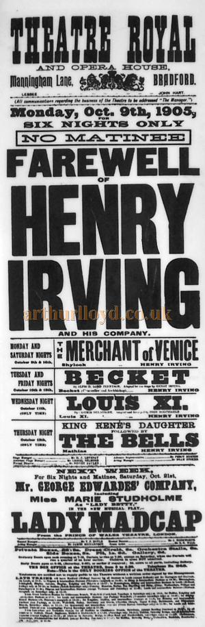 A Bill from October 1905 for Henry Irving performing at the Theatre Royal, Bradford in what would turn out to be his last performances before his death. - Kindly donated by Wendy Robinson.