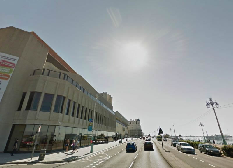 A Google StreetView Image of the Brighton Centre on king Street, Brighton, the site of the former Alhambra Theatre - Click to Interact.