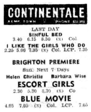 An advertisement for the Continentale, Brighton carried in the Evening Argus entertainments page from around 1974 - Courtesy Paul Bland.