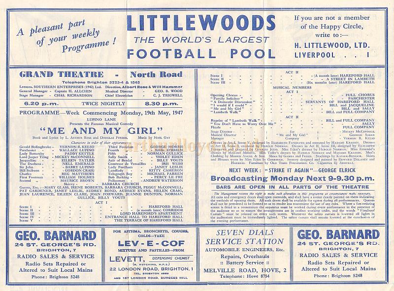 Programme for Lupino Lane in 'Me and My Girl' at The Grand Theatre in 1947
