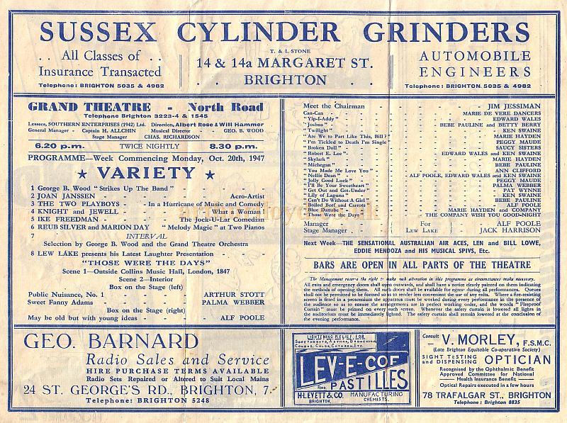 A Programme for a Variety show at The Grand Theatre, Brighton in 1947