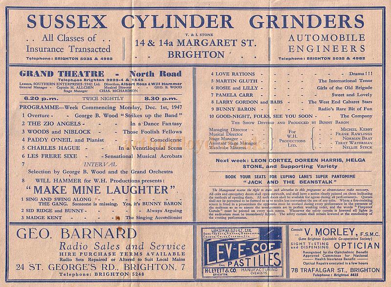 A Programme for 'Make Mine Laughter' at The Grand Theatre, Brighton in 1947