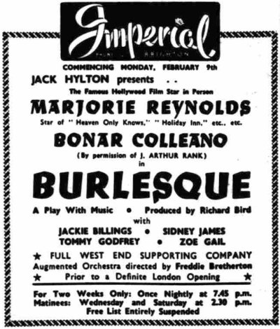 An Advertisement for one of the last live shows at the Imperial Theatre, Brighton - From the Sussex Express, 6th of February 1948.
