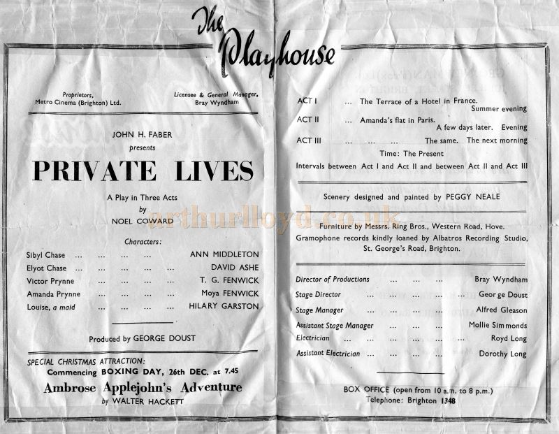 Cast Details from a Programme for a production of Noel Coward's 'Private Lives' at the Brighton Playhouse in the late 1940s - Courtesy Chris Pogson whose mother then known as Ann Middleton played the part of Sibyl Chase. 