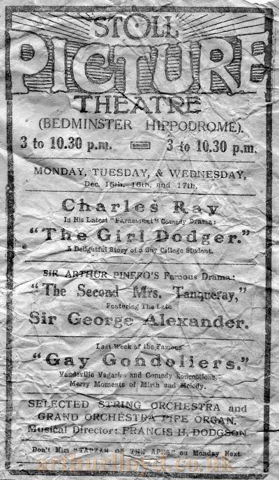 An Advertisement for the Stoll Picture Theatre, formerly the Bedminster Hippodrome, from the Bristol Evening Times and Echo, December 18th 1919 - Courtesy Pauline Rowley.