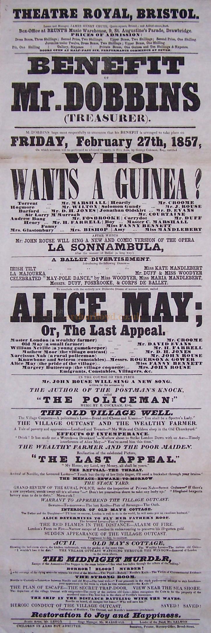 Poster for a Benefit performance at the Theatre Royal, Bristol for Mr. Dobbins, the Theatre's Treasurer, on February the 27th 1857