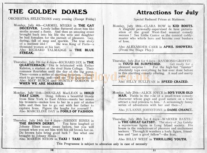 A page advertising coming attractions from a programme for the Golden Domes, Camberwell in June 1927 - Courtesy John Ricks.