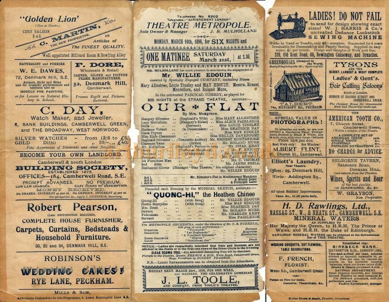 A Programme for 'Our Flat' and 'Quong-Hi' at the Metropole Theatre, Camberwell in March 1898 - Courtesy David Garratt.