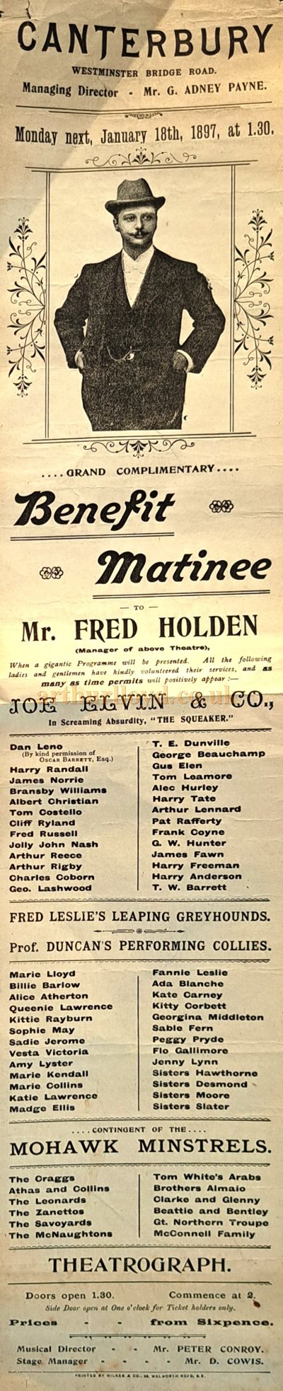 A Flyer for a Charity Matinee at the Canterbury Theatre on the 18th of January 1897 for the benefit of the Theatre Manager Fred Holden, who is pictured - Courtesy Simon Moss, stagememories.