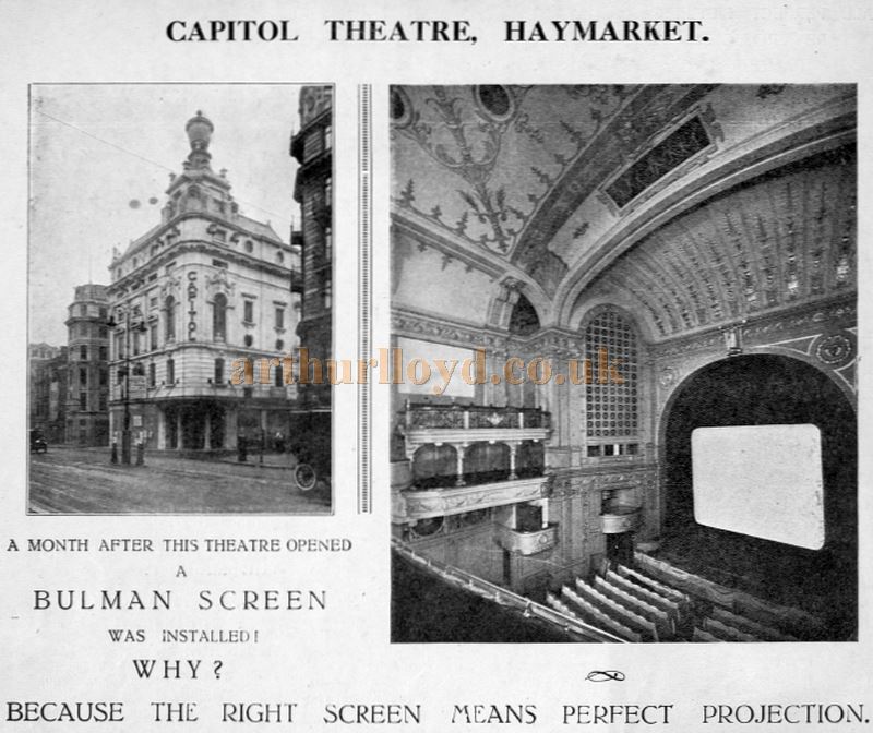 An Advertisement for 'Bulman's Screens' as fitted in the Capitol Theatre, Haymarket - From a 'Bulman Cinema Screen Co.' Brochure.