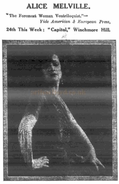 An Advertisement for the Ventriloquist Alice Melville performing at the Capitol, Winchmore Hill in 1930 - From The Era, 26th of March 1930.