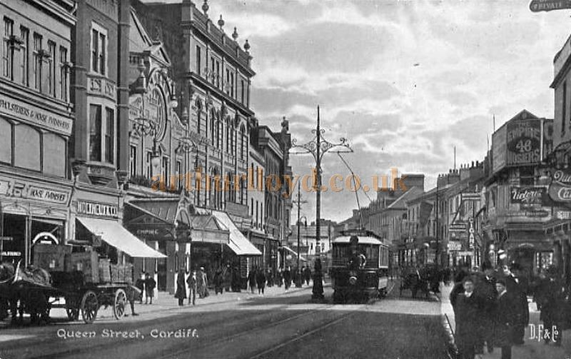 An early postcard view of the Empire Theatre and Queen Street, Cardiff 