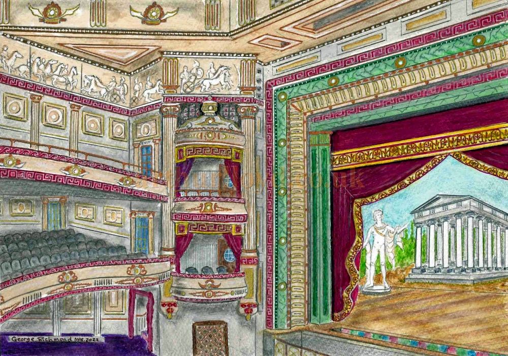 A Painting by George Richmond depicting the Auditorium and Stage of the Cardiff Empire in 1915 - Click for an Index to all of George Richmond's Paintings on this site. 