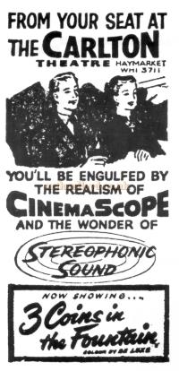 An advertisement for '3 Coins in the Fountain' presented in 'CinemaScope' at the Carlton Theatre in 1954 - From the souvenir brochure for the Theatre in 1988. 