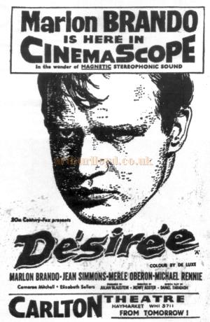An advertisement for Marlon Brando in 'Desiree' presented in 'CinemaScope' at the Carlton Theatre in 1954 - From the souvenir brochure for the Theatre in 1988. 