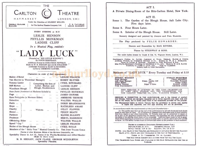 A programme for 'Lady Luck' which was the opening production at the Carlton Theatre in 1927 - From the souvenir brochure for the Theatre in 1988. To see another copy of this programme in detail click here.