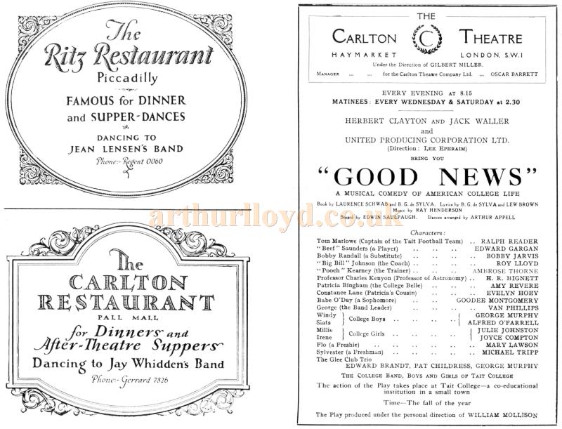 A programme for 'Good News' at the Carlton Theatre in 1927 - From the souvenir brochure for the Theatre in 1988.