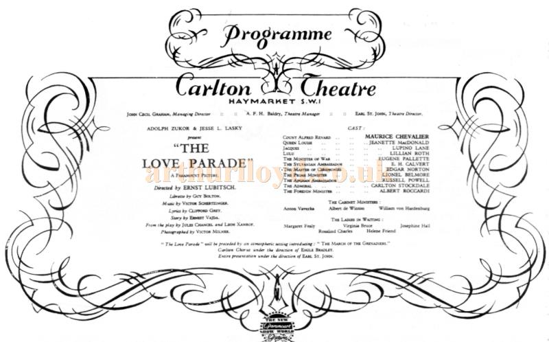 A programme of 'The Love Parade' at the Carlton Theatre in 1929 - From the souvenir brochure for the Theatre in 1988. 