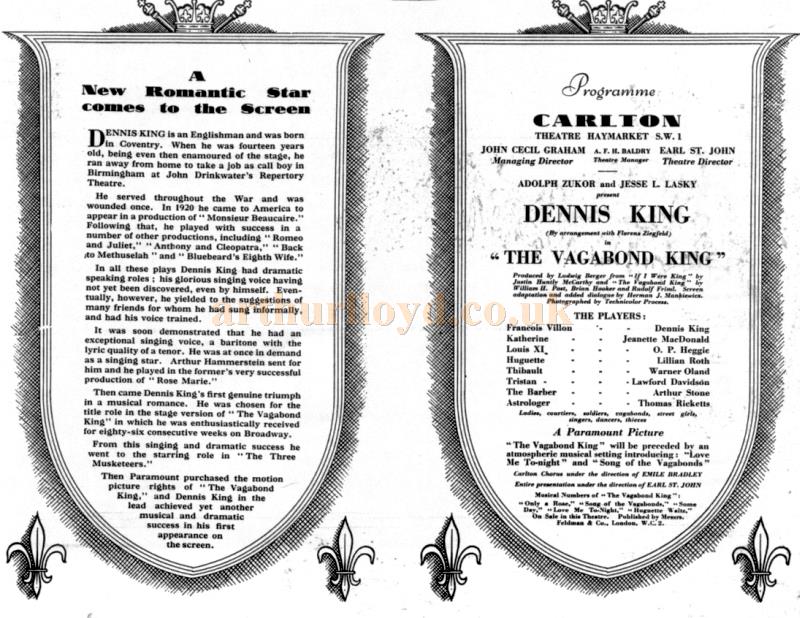 A programme for 'The Vagabond King' at the Carlton Theatre in 1930 - From the souvenir brochure for the Theatre in 1988. 