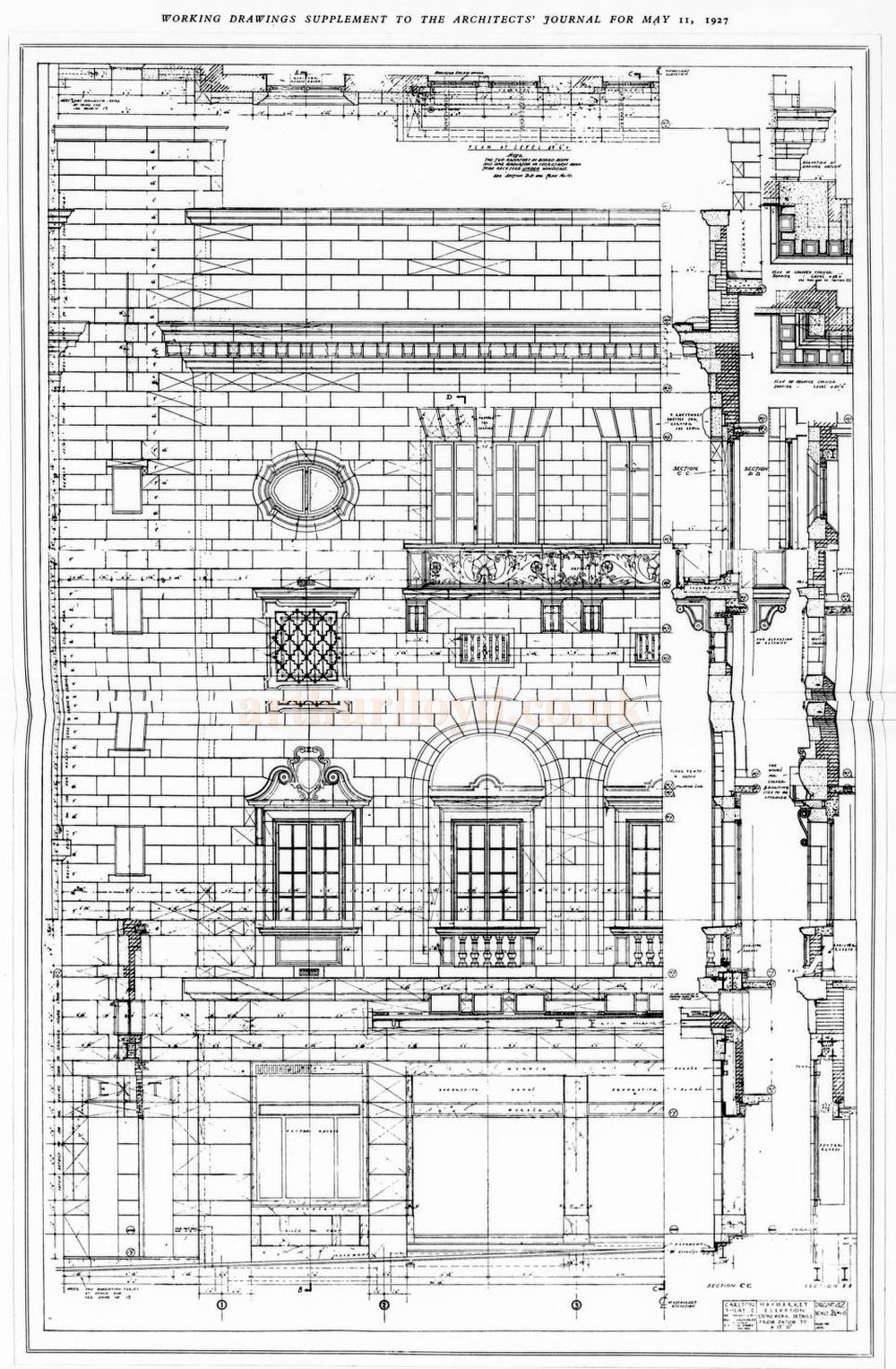 Frank T. Verity's Detail of the Front Elevation of the Carlton Theatre, Haymarket - From The Architects' Journal 1927.