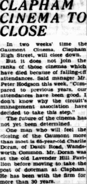 An article on the closure of the Gaumont Cinema, Clapham - From the South Western Star, 21st of October 1960.