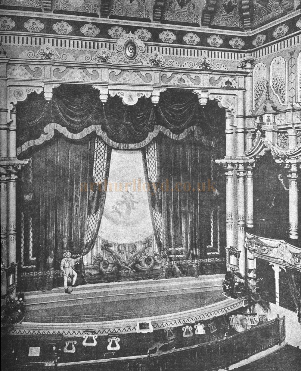 An early image of the auditorium, proscenium, and stage of the Grand Theatre, Clapham showing the Theatre's original 'Willow Pattern Plate' Act Drop - From The Architect, 22nd of May 1903.