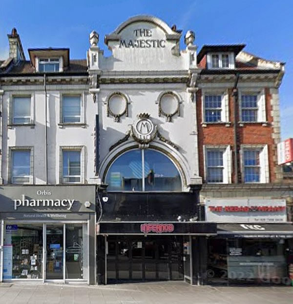 A Google StreetView Image showing the Clapham High Street Entrance Facade of the former Majestic Theatre in March 2019, today Infernos Nightclub - Click to Interact.