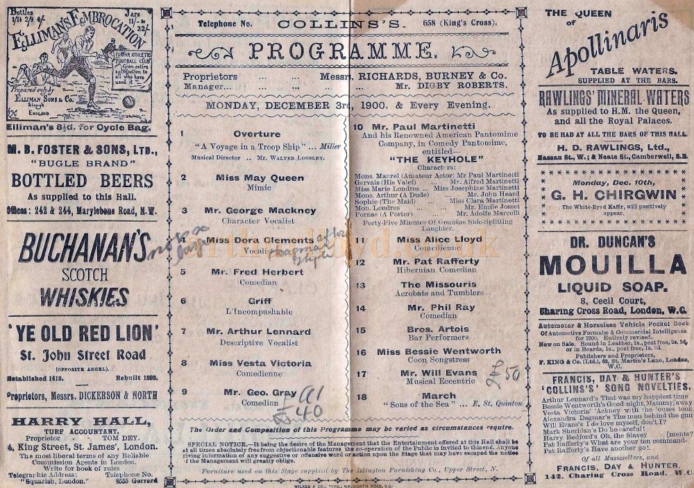 Details from a Variety Programme for Collin's Theatre from December the 3rd, 1900 - Courtesy Simon Moss, stagememories. 