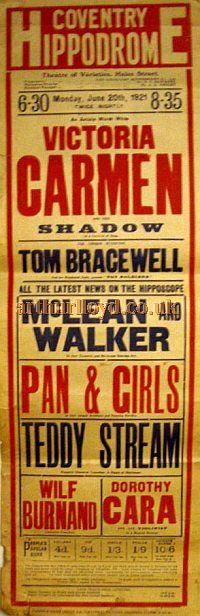 A Poster for a Variety show at the Second Coventry Hippodrome Theatre on June 20th 1921 - Courtesy Stephen Wischhusen.