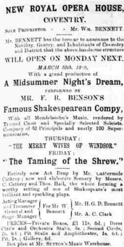 An Advertisement for the opening of the Royal Opera House Coventry - From the Coventry Herald, 22nd March 1889.