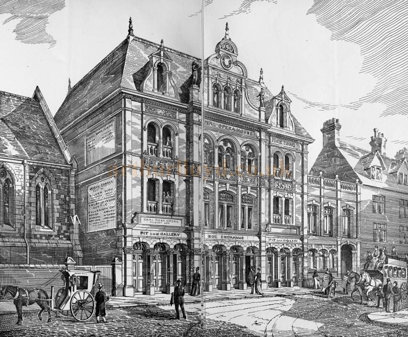 A Two page Stitched Image showing the Opera House, Coventry as originally built in 1889 - From The Architect, 4th of February 1889.